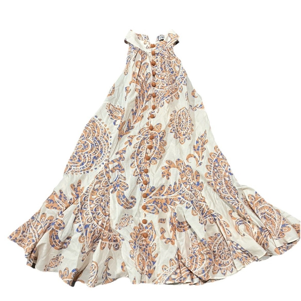 Zara‎ Dress Ivory Cream Tan XXL paisley Belted Dress Halter Neck New - Picture 2 of 7